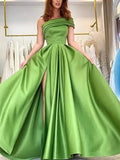 One-shoulder Satin Sequined Slit Maxi Dress