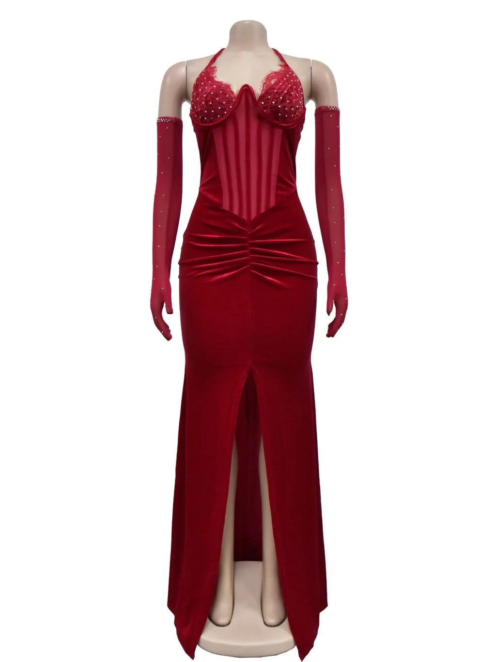 Lace And Velvet Patchwork Rhinestone-studded Evening Gown Mesh See-through Halter Neck Slit Maxi Dresses