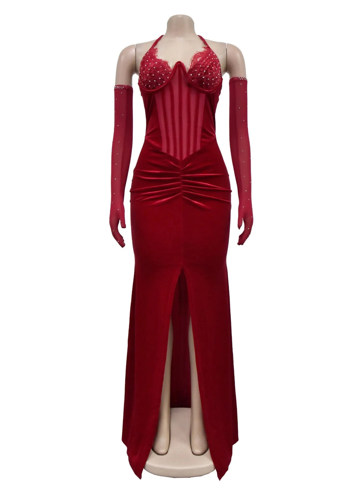 Lace And Velvet Patchwork Rhinestone-studded Evening Gown Mesh See-through Halter Neck Slit Maxi Dresses