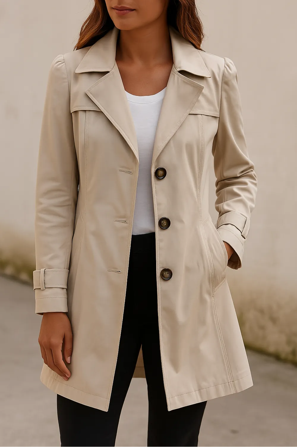 Fitted Women's Trench Coat with Buttons and Classic Collar