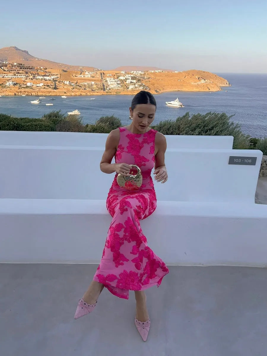 Sexy Bodycon Maxi Dress With 3D Flocked Floral Pattern