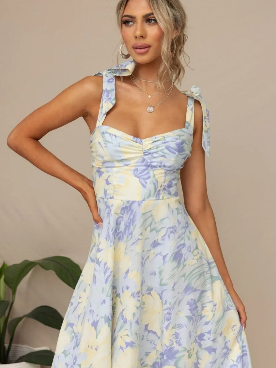Floral Bandage Waist Midi Dresses