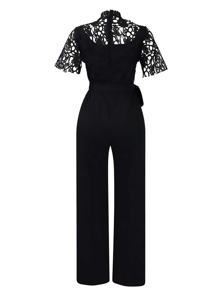Lace Trim Hollow Short Sleeve Bandage High Waist Wide Leg Jumpsuits