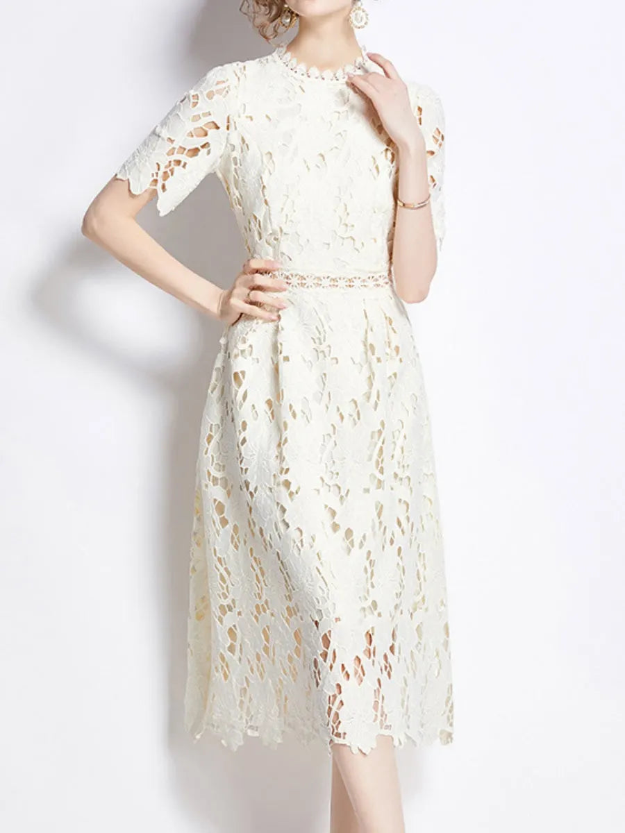Water-soluble Lace Short-sleeved Slim-fit Midi Dress
