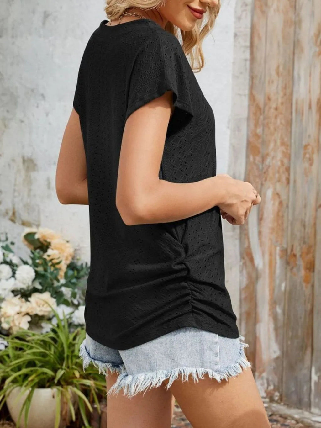 Blouse Top Casual Comfy Slight Stretch Eyelet Boho Chic