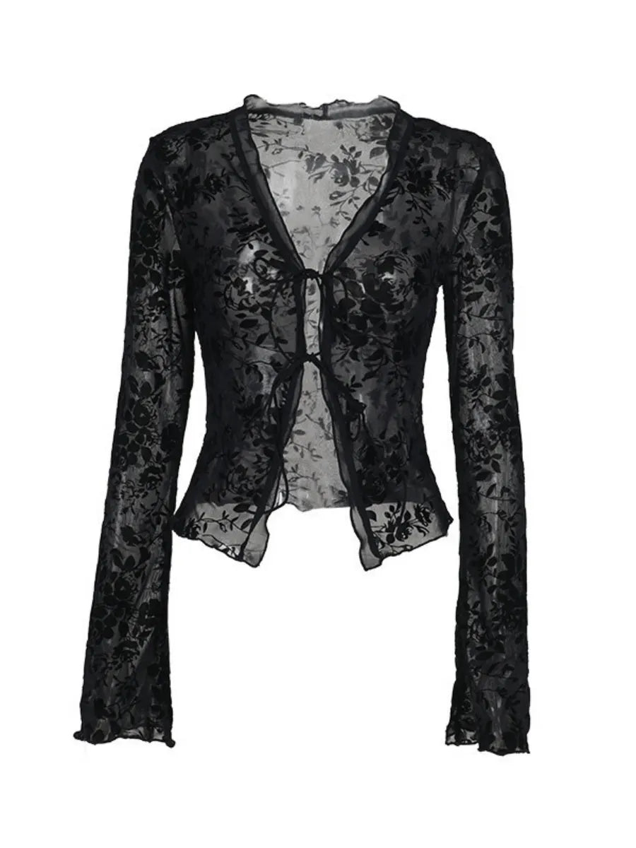 Deep V-neck Chiffon Burning Flowers Long Sleeve Designer Shirt