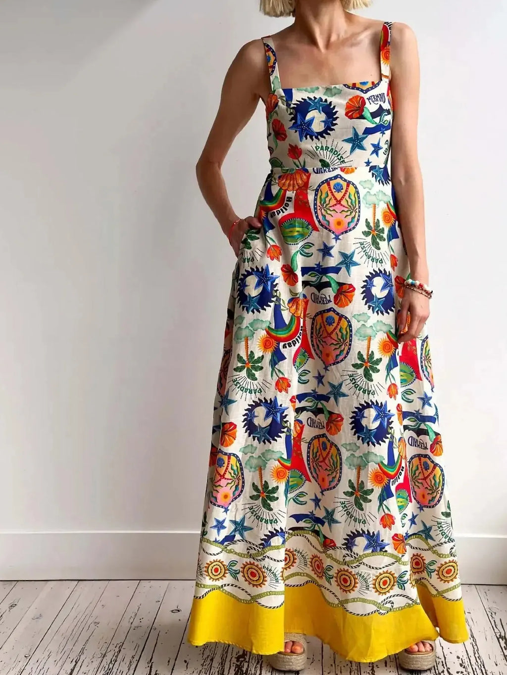 Maxi Dress Square Neck Cami Boho Printed Colorful Summer