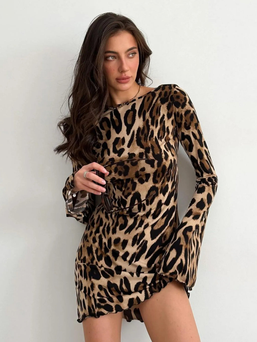 Leopard Print Backless Strappy High-waisted Round Neck Long-sleeved Short Dress