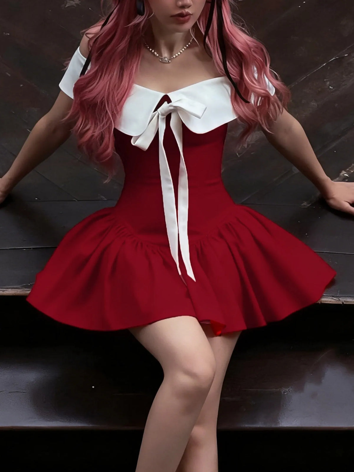 Off-shoulder Bow Waist Tie Short Sleeves Mini&Short Dresses