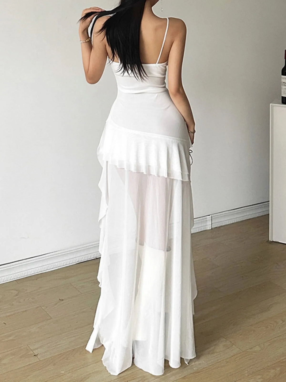 Mesh Ruffle Irregular Hem Camisoles Mini&Short Dresses