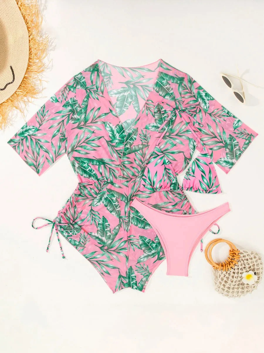 Leaf Print Waist-cinching Tie Long-sleeved Sun Protection Bikini Three-Piece Set