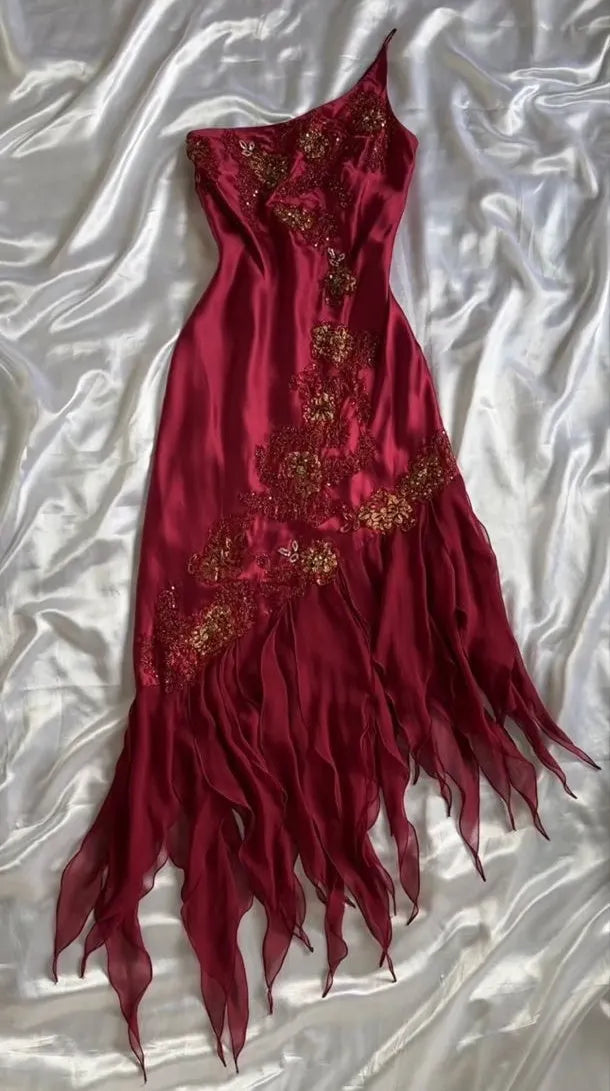Red one shoulder fashion embroidered floral long elegant satin chiffon ruffle party dress prom dress evening gown