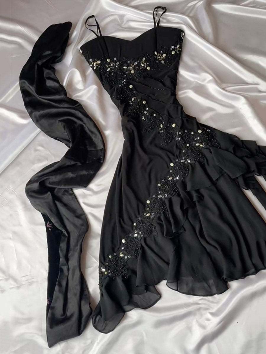 Sequinned Flower Embroidered Ruffled Sleeveless Spaghetti-Neck Chiffon Mini Dresses Fairytale Midi Dress