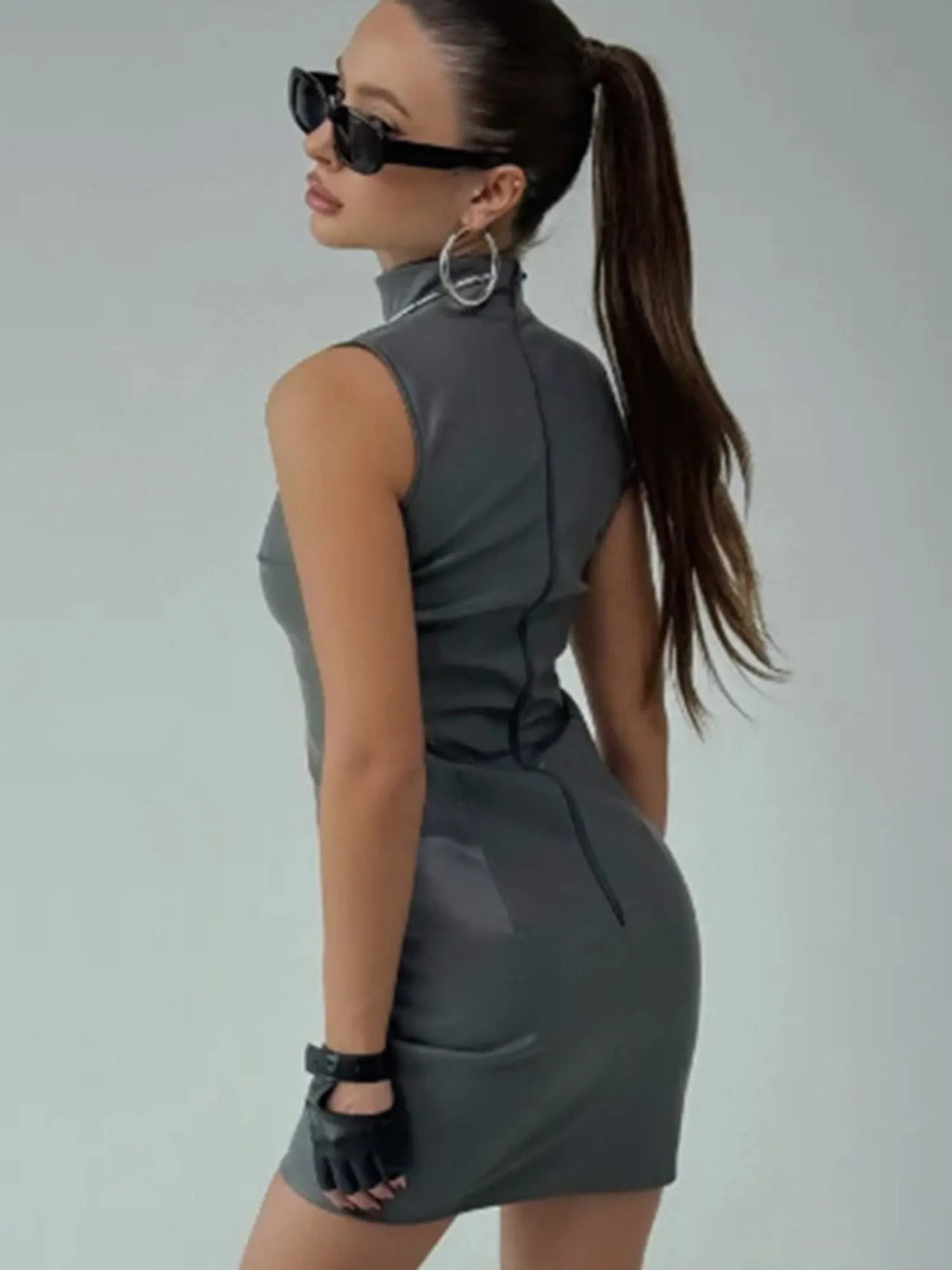 PU Leather Mock Neck Pleated Mini&Short Dresses