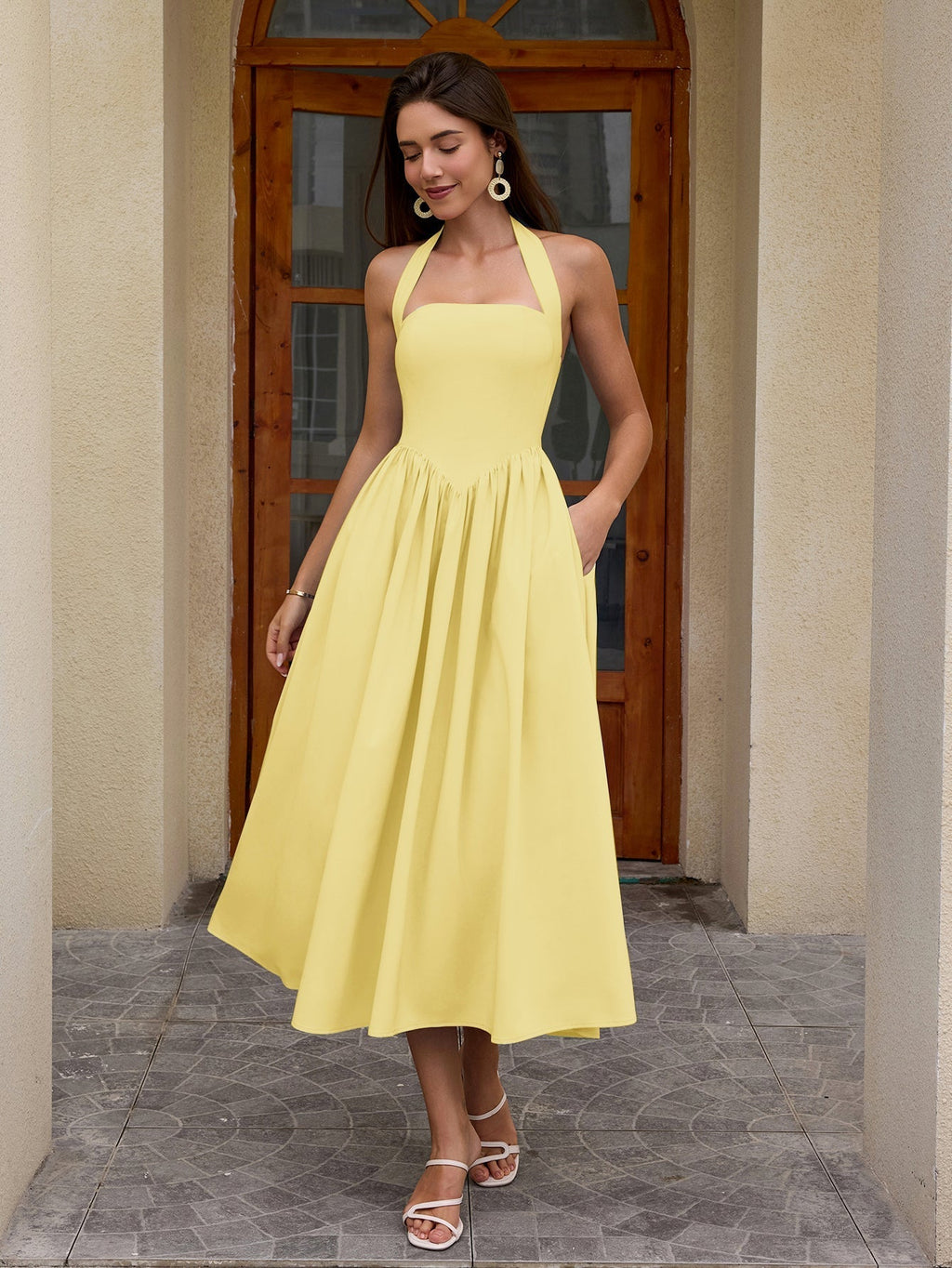Halter Ruched Backless Flared Pocket Long Dress