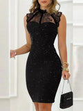 Elegant Black Women's Glitter Mini Cocktail Dress with Lace Neckline
