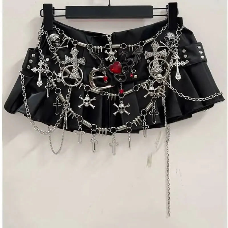 Cross applique pleated zip-up o ring mini skirt  | Festival Outfits Women