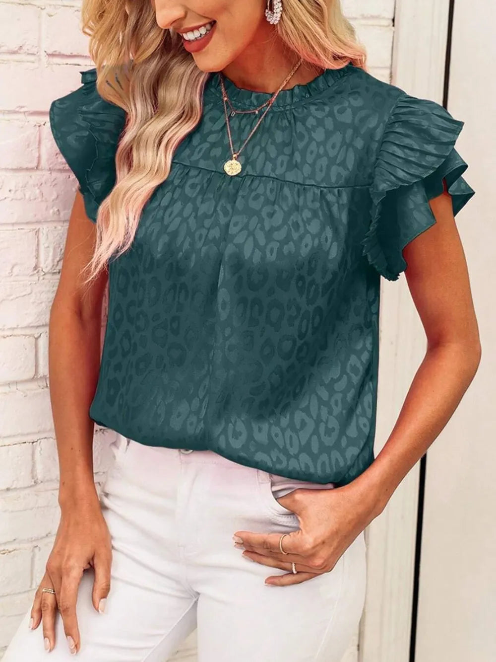 Blouse Top Leopard Print Ruffled Cap Sleeve Versatile