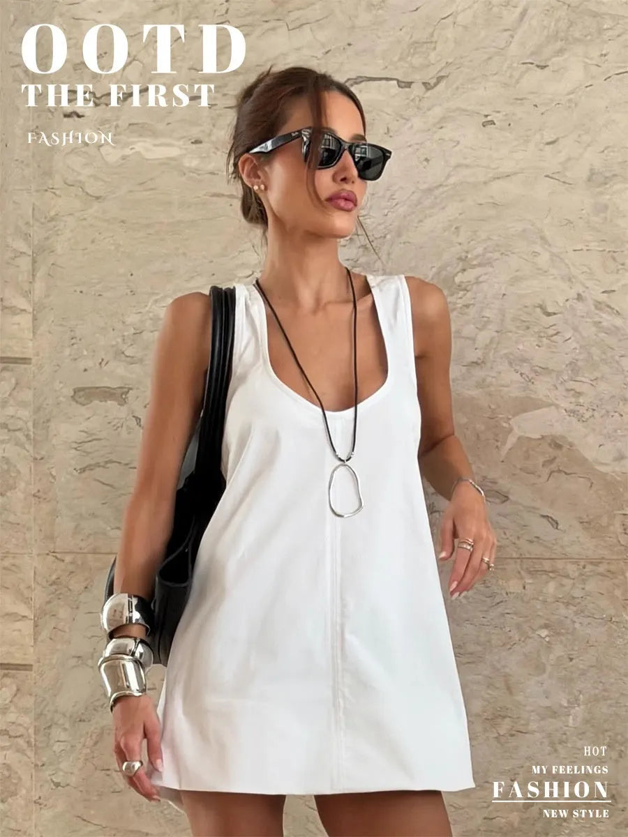 Pure Cotton U-neck Loose-fit Sleeveless A Mini&Short Dresses