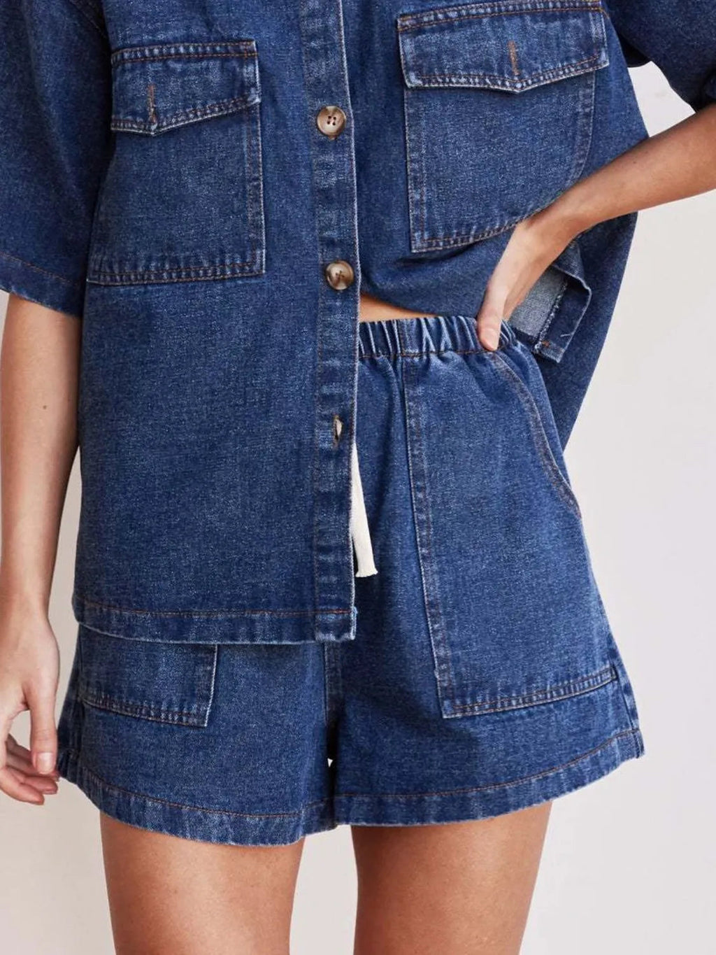 Denim Shorts Elastic Drawstring Casual with Pockets