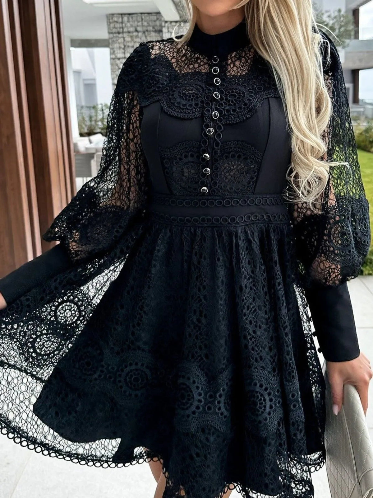 Lace Mini Dress with Lantern Sleeves