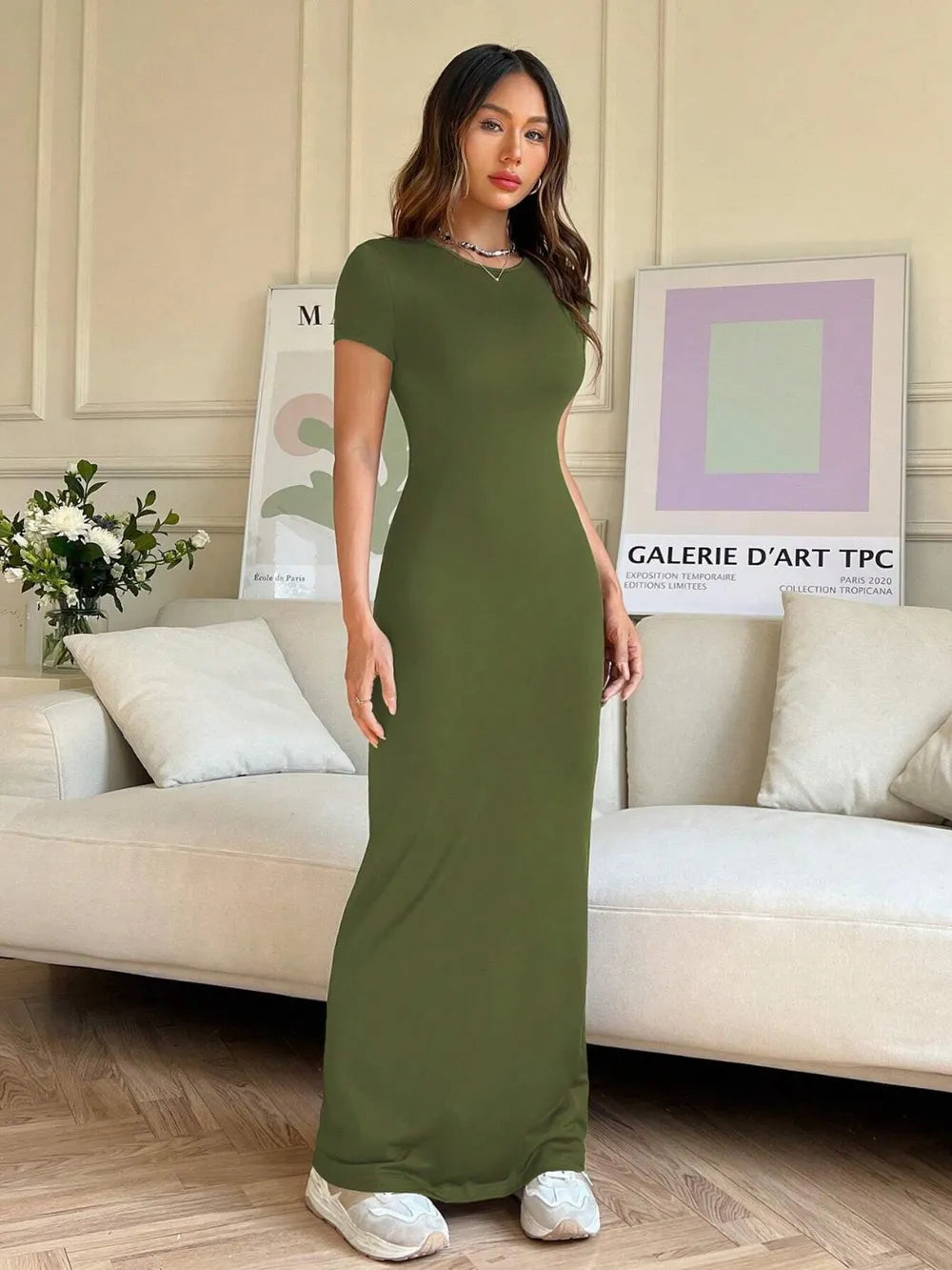 Maxi Dress Short Sleeve Round Neck Casual Summer Resort