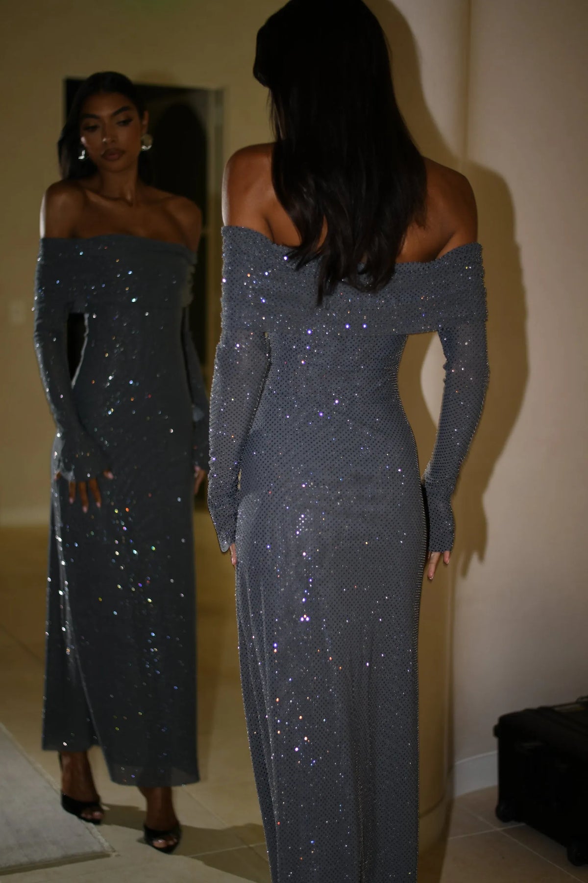 Glitter off-shoulder maxi dress for women