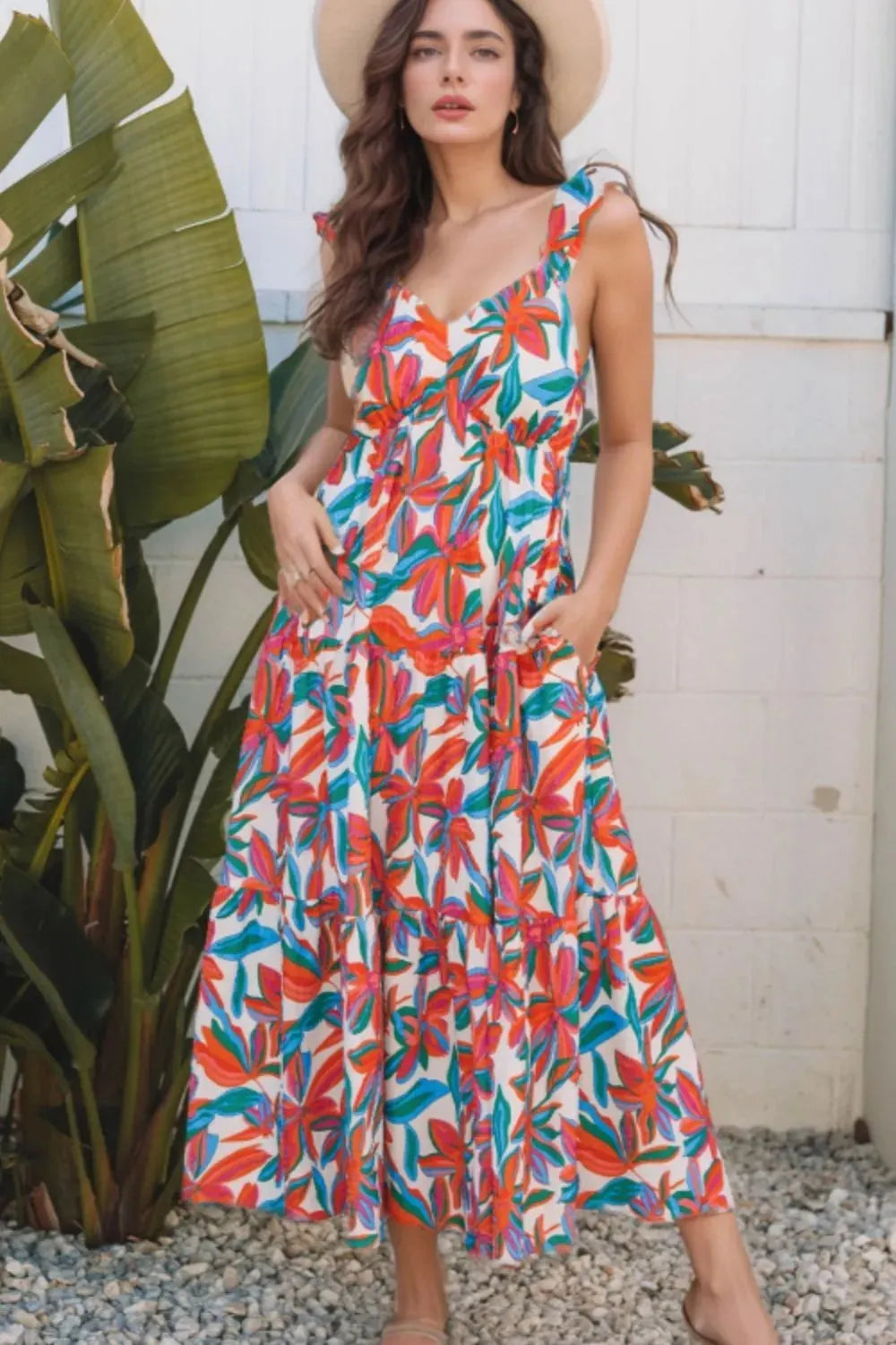 Maxi Dress Flowy Floral Print Ruffle Strap Beachwear V-Neck