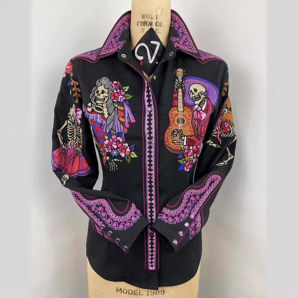 Women Casual Western Geometric Pattern Printed Lapel Long-Sleeve Single Breasted Blouse
