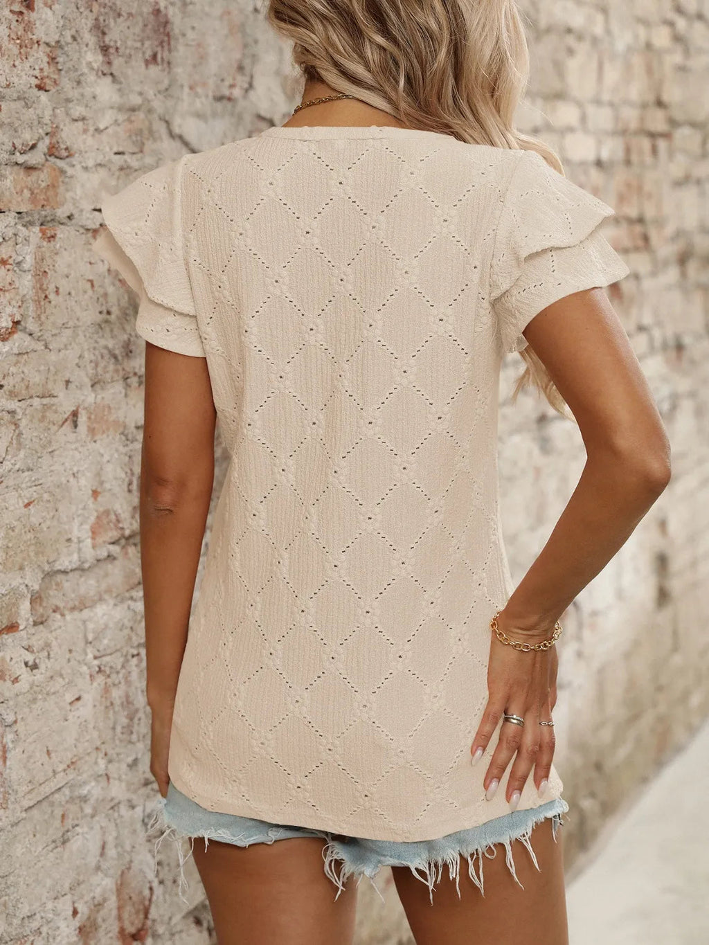 Blouse Top Boho Eyelet Ruffled Cap Sleeve Soft Knitwear