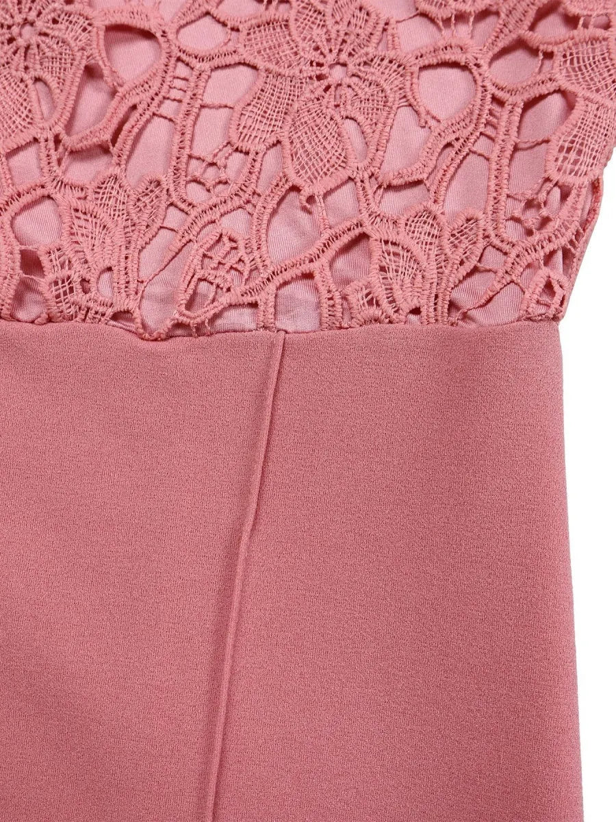 Lace Trim Hollow Short Sleeve Bandage High Waist Wide Leg Jumpsuits