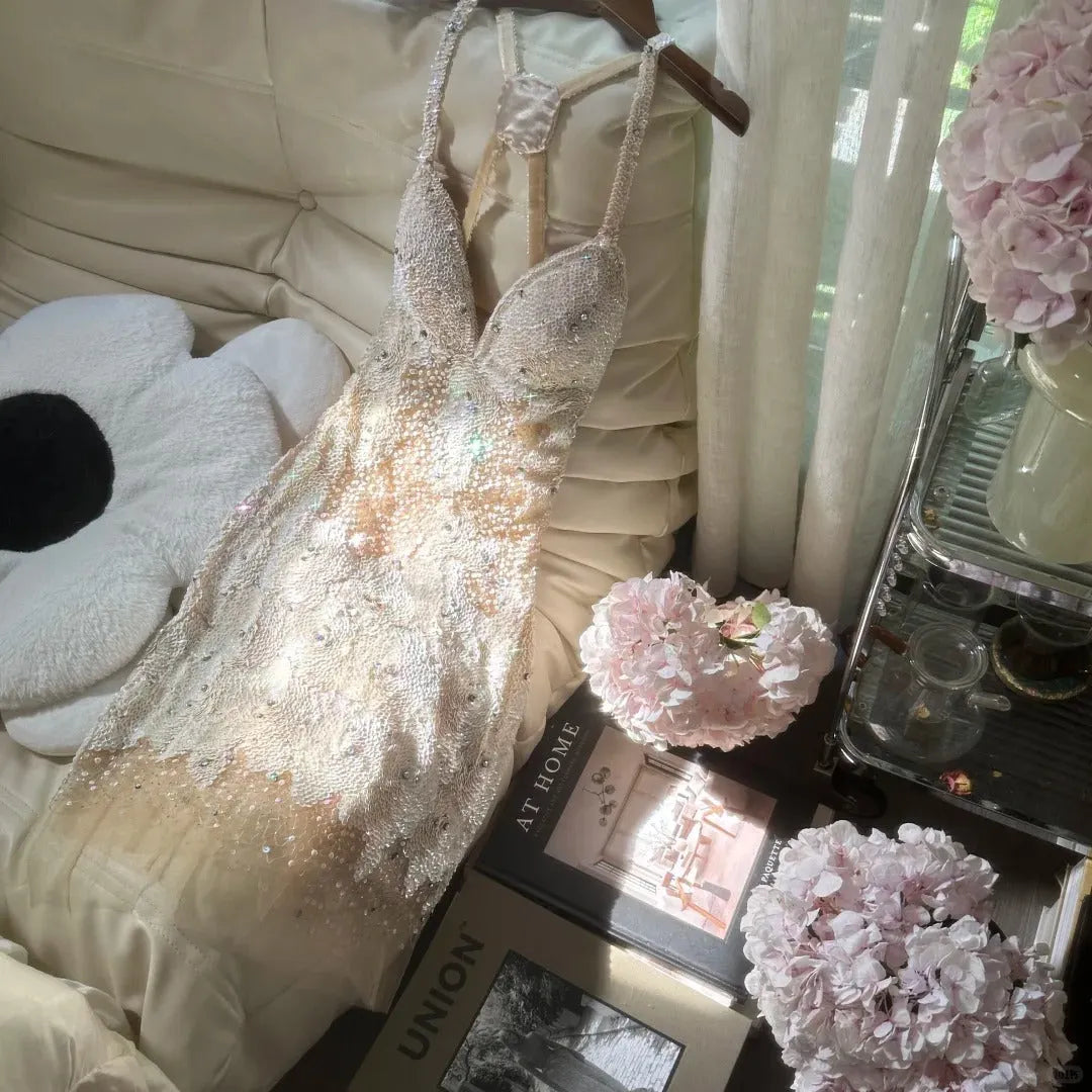 Ivory White Beaded Shiny Sequin Short Chiffon Homecoming Dress Prom Dress Party Dress