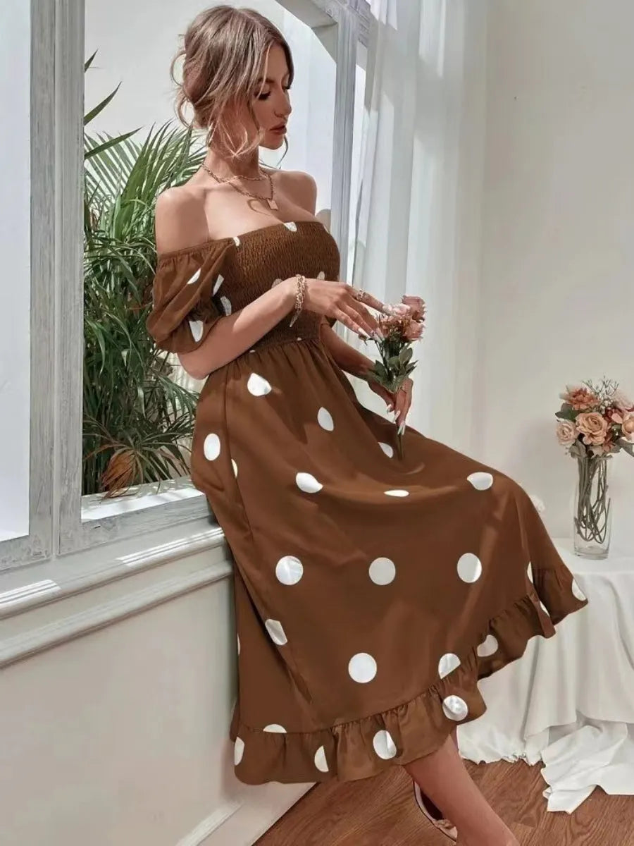Square Collar Polka Dots Short Sleeve Ruffle Vacation And Leisure Maxi Dresses