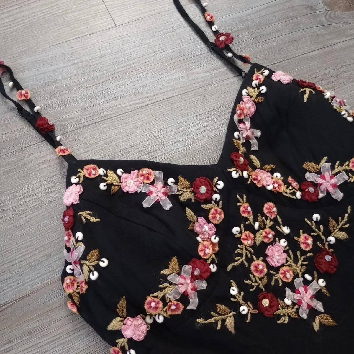 Black stylish elegant pink delicate floral beading embroidery spaetti strap long chiffon ruffles prom dress evening dress party dress