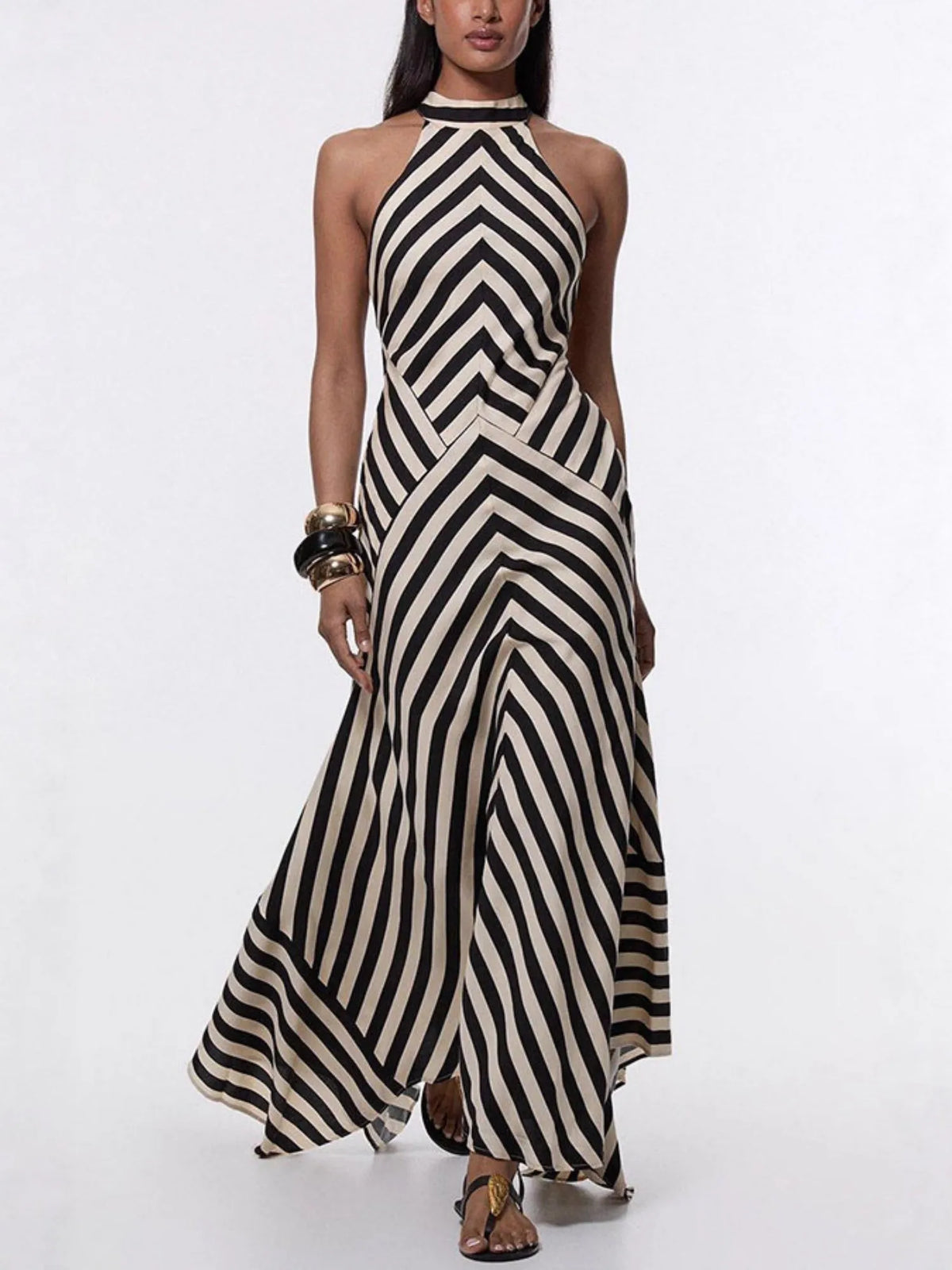 Striped Color Blocking Halter Neck And Backless Maxi Dresses