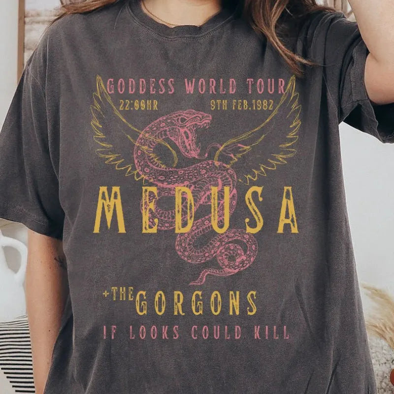 Women Casual Loose Letter Wings Snake Print Round Neck Short Sleeve T-Shirt