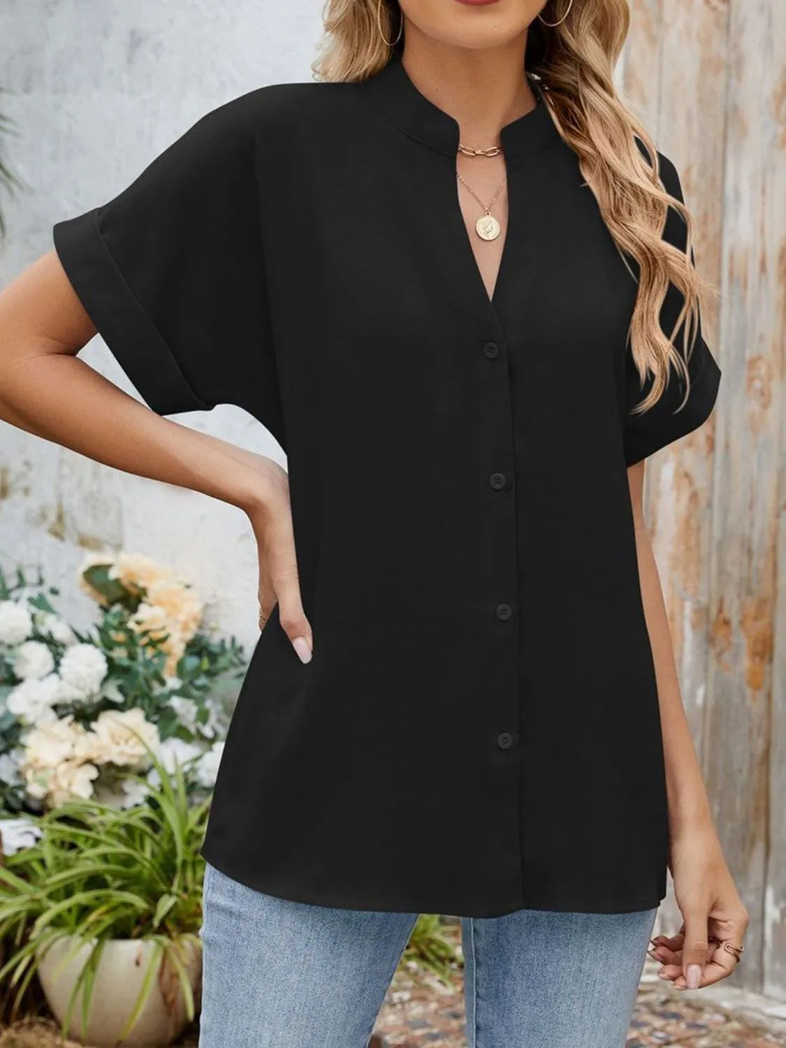 Blouse Top Button-Front Casual Workwear Everyday Cozy