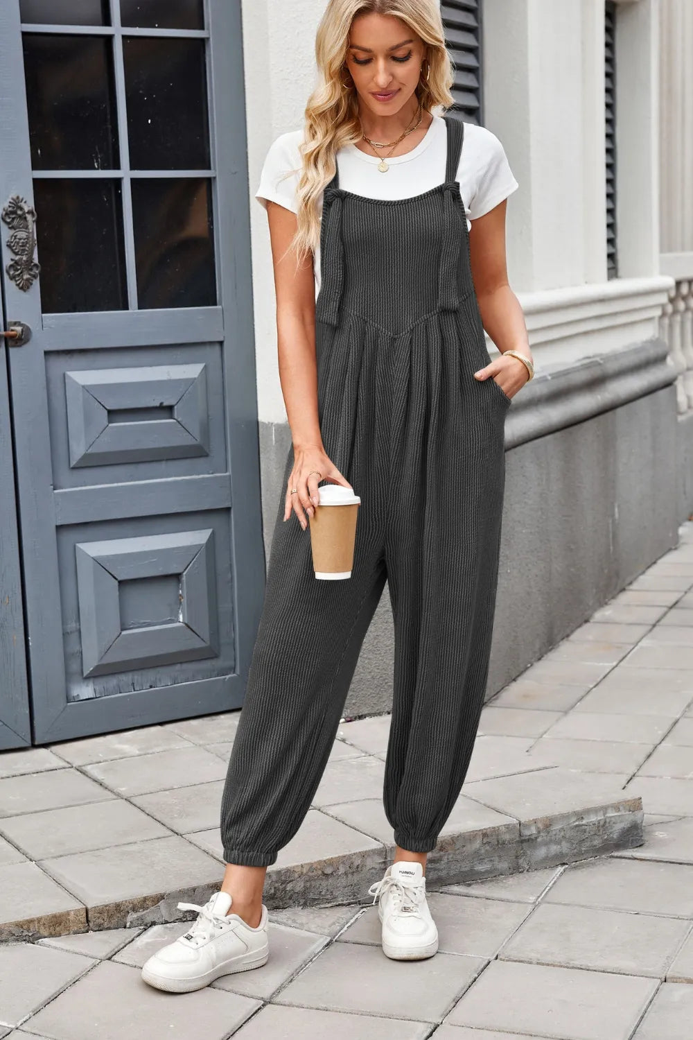Overalls Knotted Strap Jumpsuit Ribbed Casual Texture