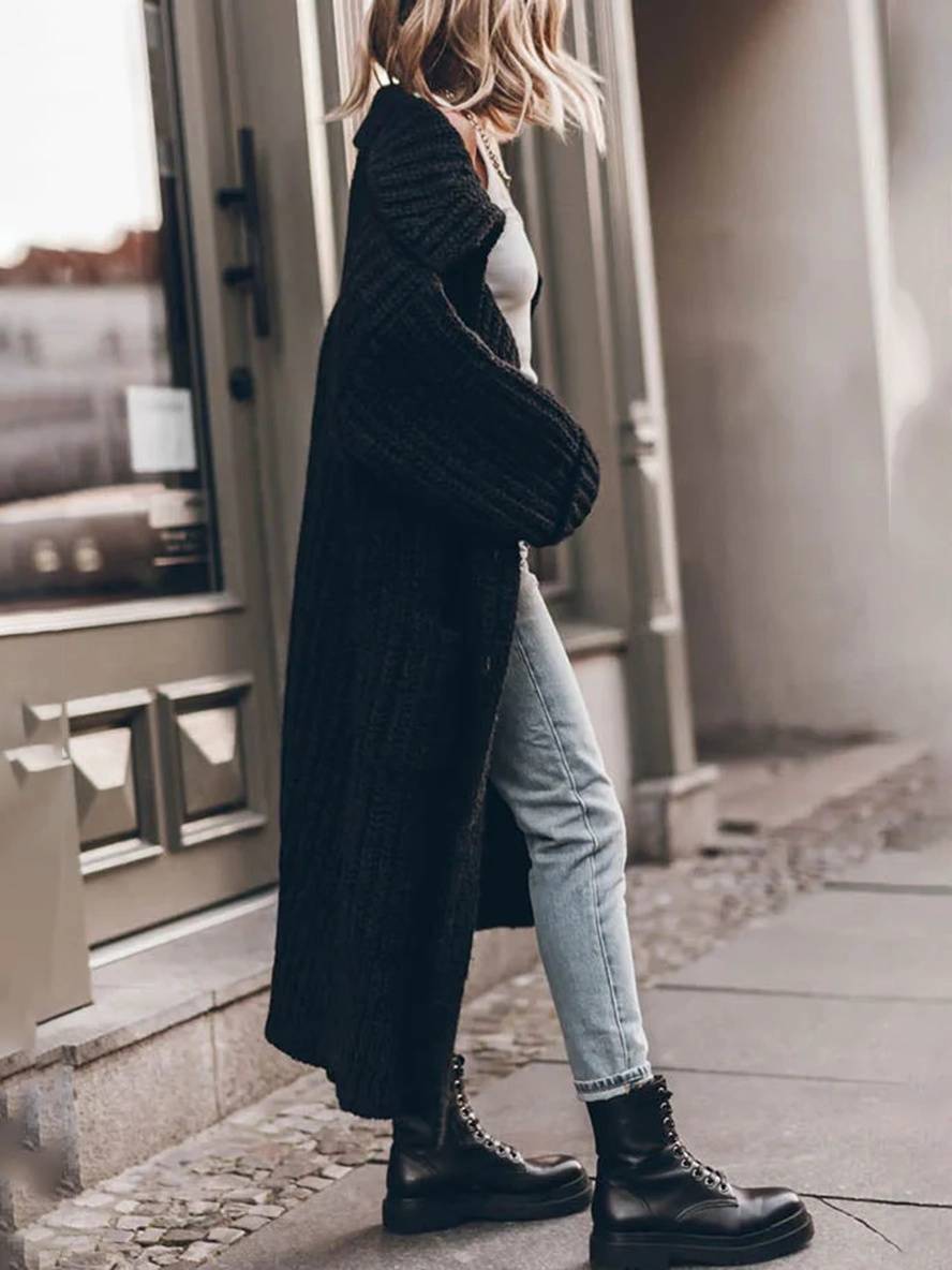 Knitted Oversized Long Cardigan with Buttons and Pockets for Women