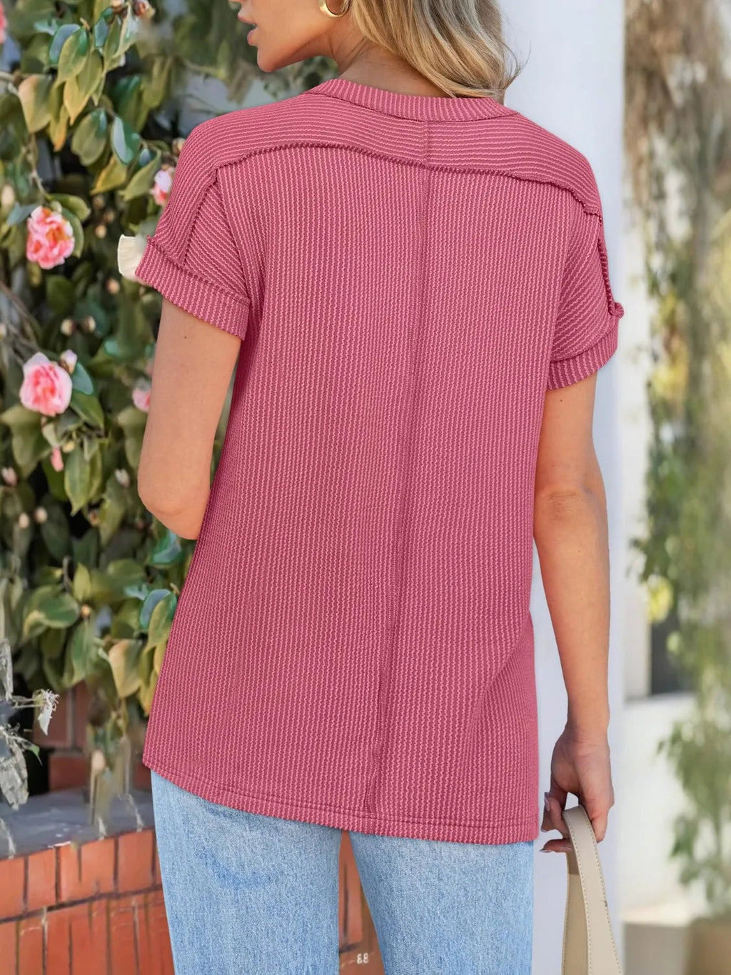 T-Shirt Casual Ribbed Knit Loose Fit Everyday Athleisure