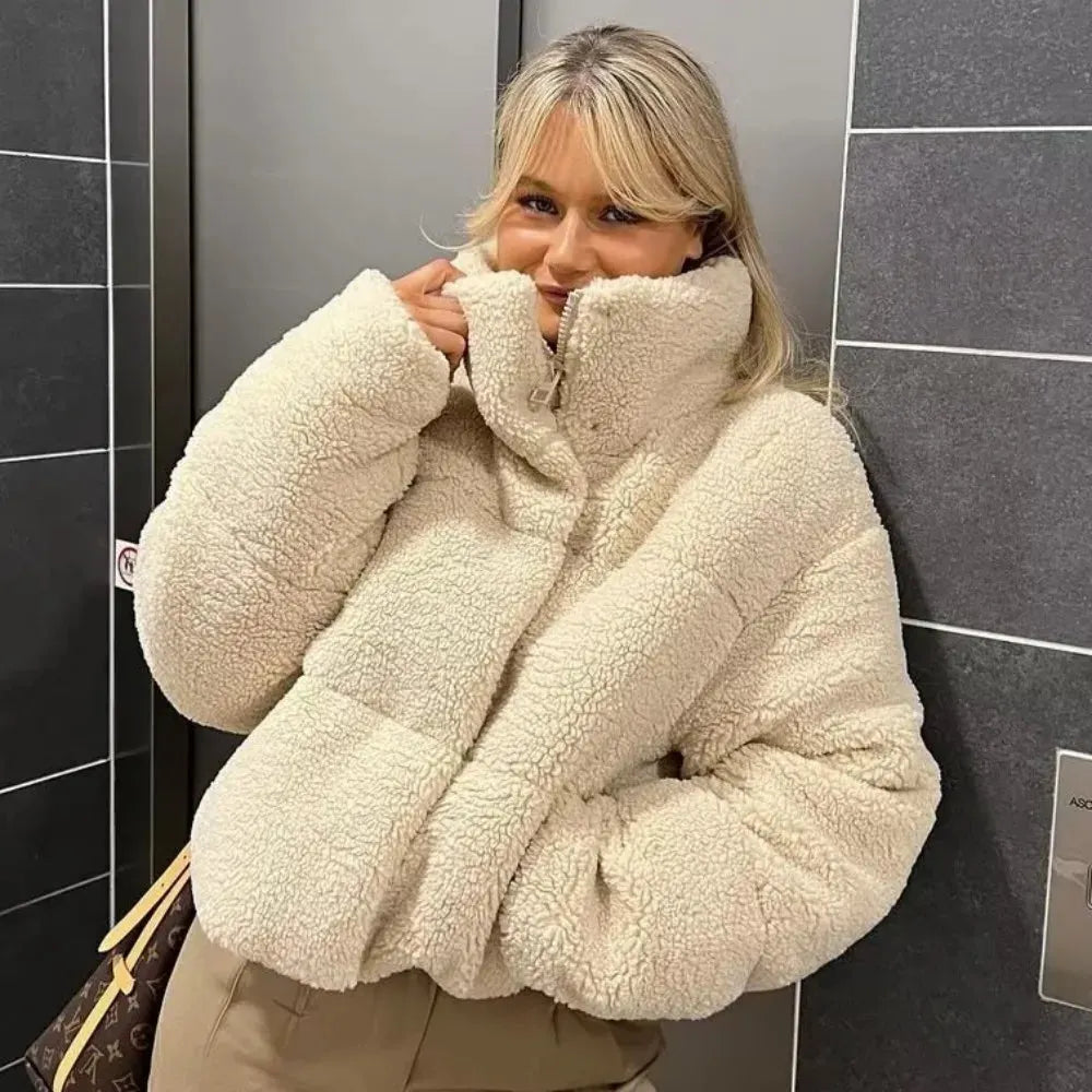 Beige Teddy Bomber Jacket Soft Warm with Pockets for Women