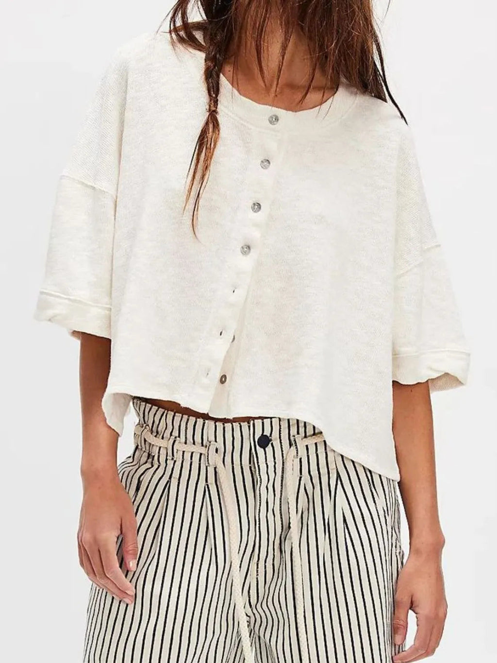 Shirt Basic Oversized Half Sleeve Button Front Boho