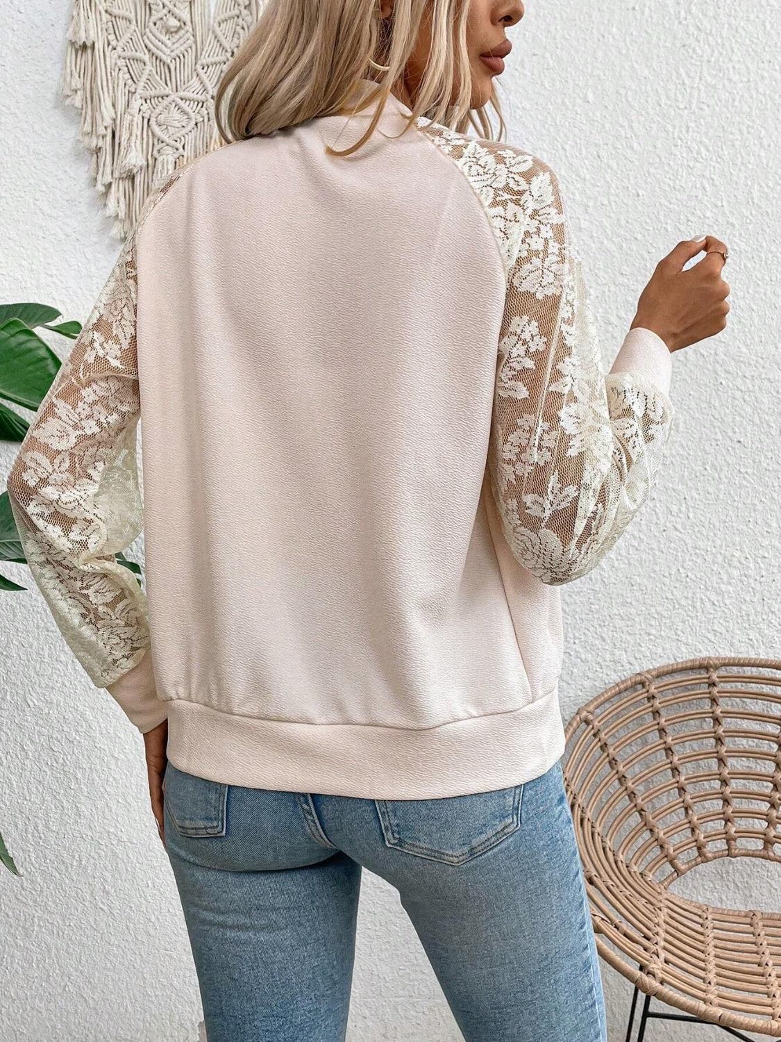 Jacket Baseball Collar Lace Detail Zip Up Casual Trendy