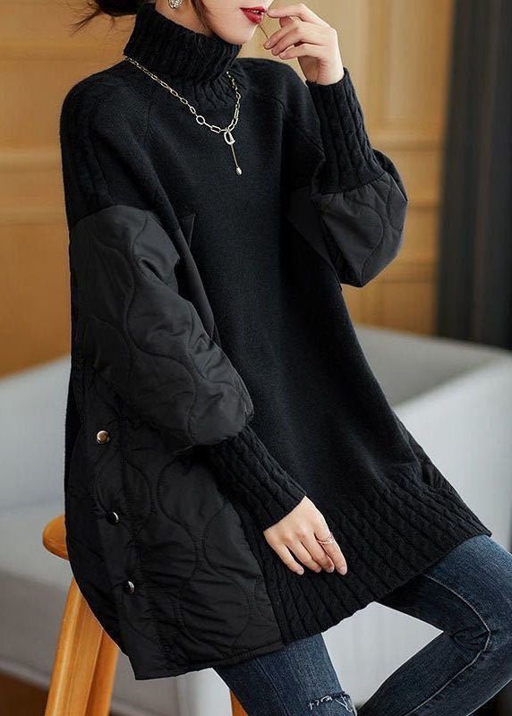 Women's Long Turtleneck Sweater with Quilted Panels and Cable-Knit Cuffs