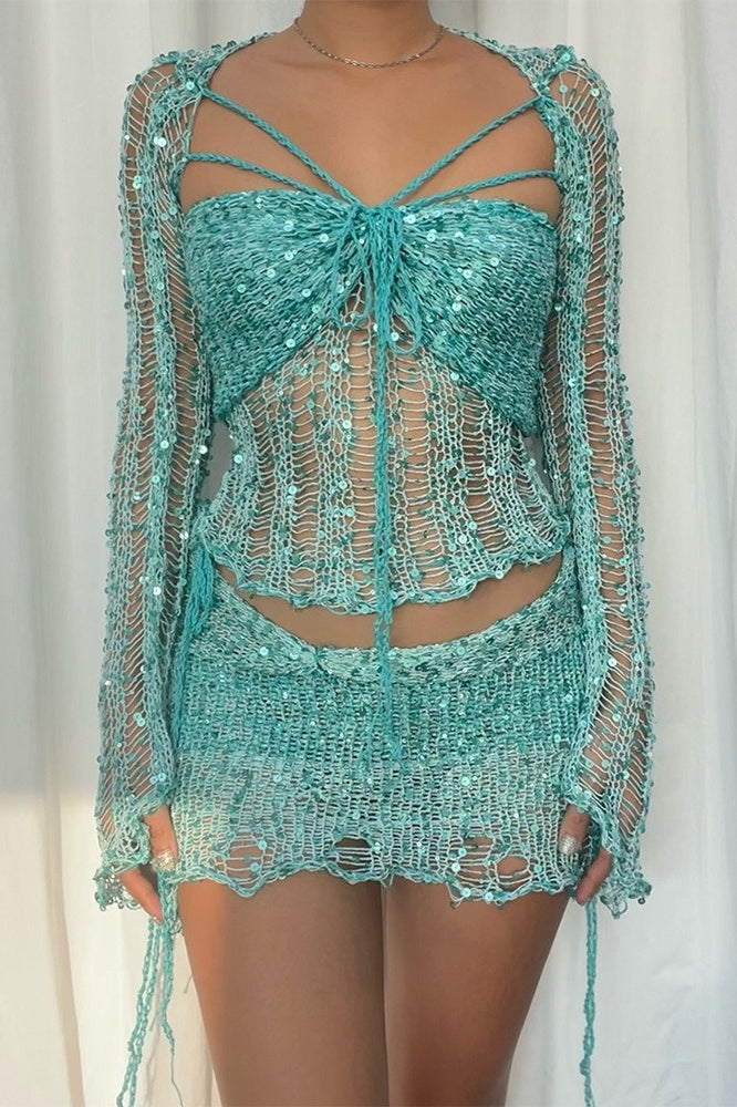 Sequin Knit Cutout Sweater Three Piece Skirt Set