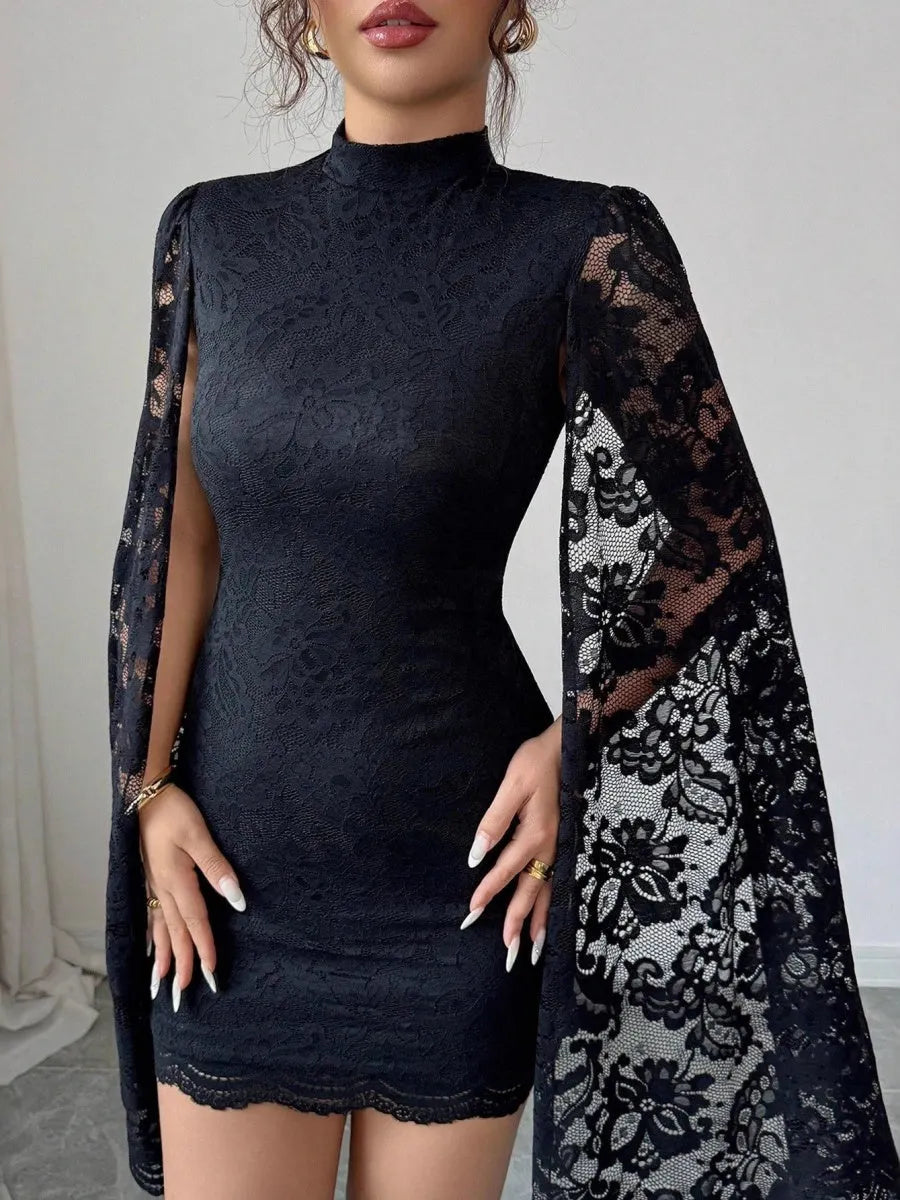 Stand Collar Lace Slit Long Sleeve Dinner Grace Sexy Short Dress