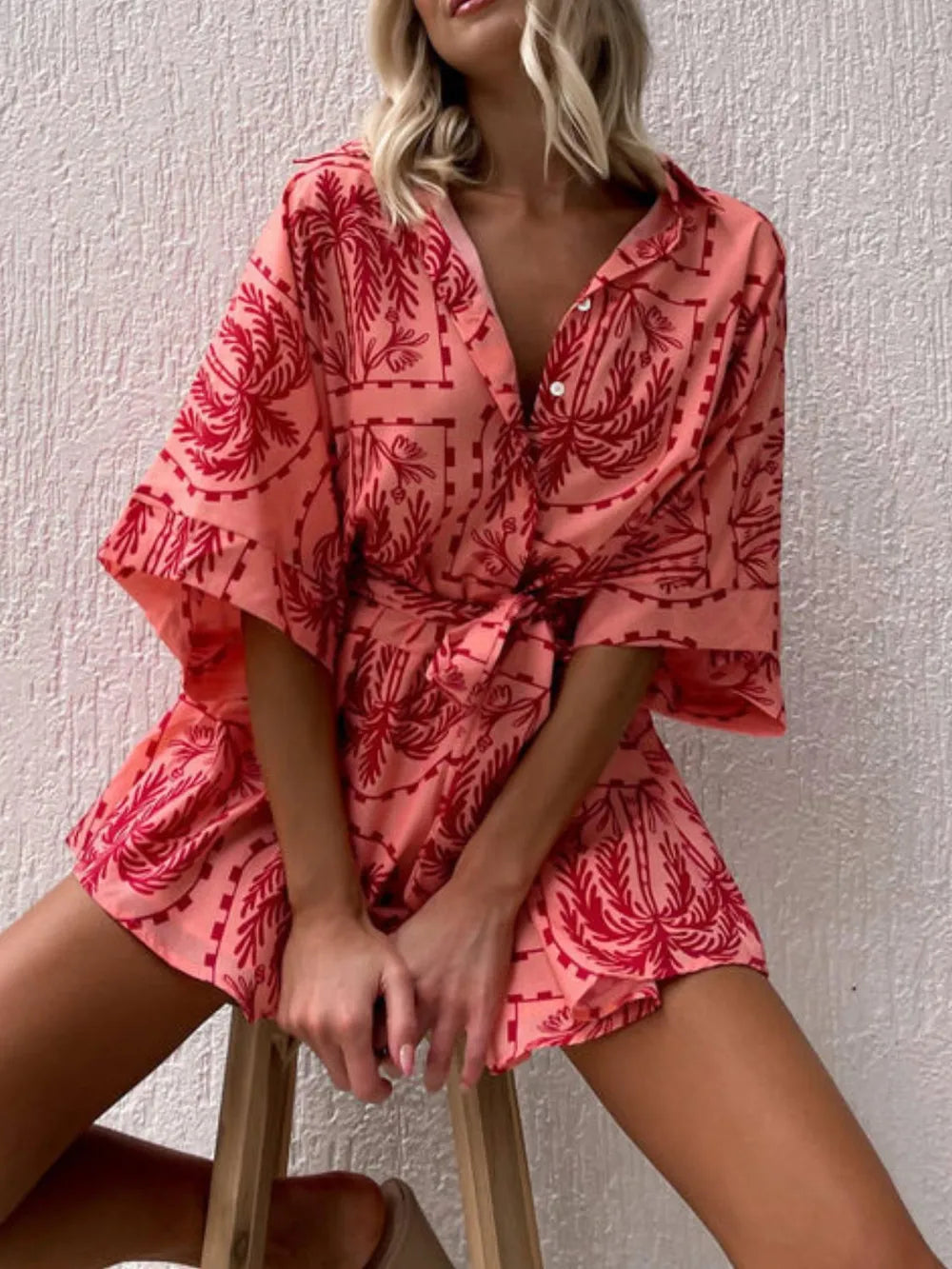 Printed Romper – Tie Waist with Half Sleeves