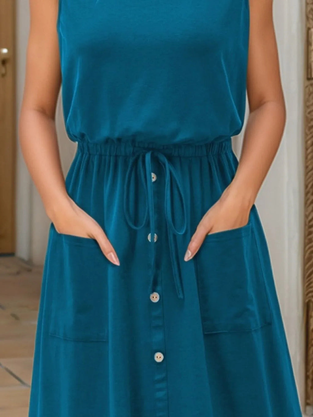 Tank Dress Midi Casual Drawstring Slightly Stretchy