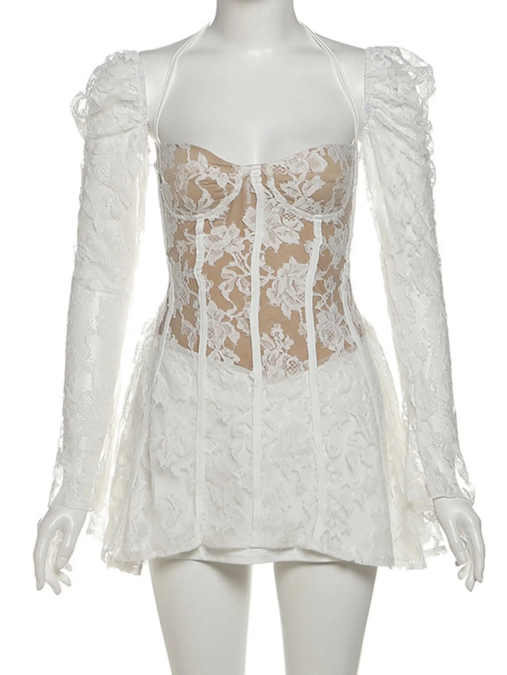 Lace Patchwork Halter Neck And Off-shoulder Waist-cinching And Backless Mini&Short Dresses