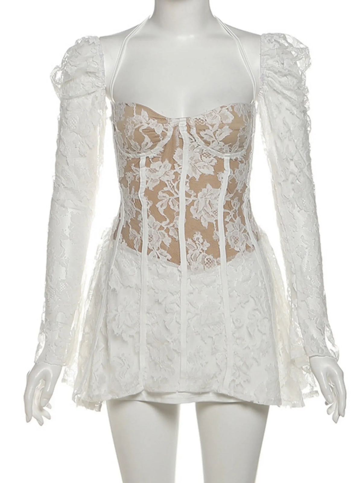 Lace Patchwork Halter Neck And Off-shoulder Waist-cinching And Backless Mini&Short Dresses